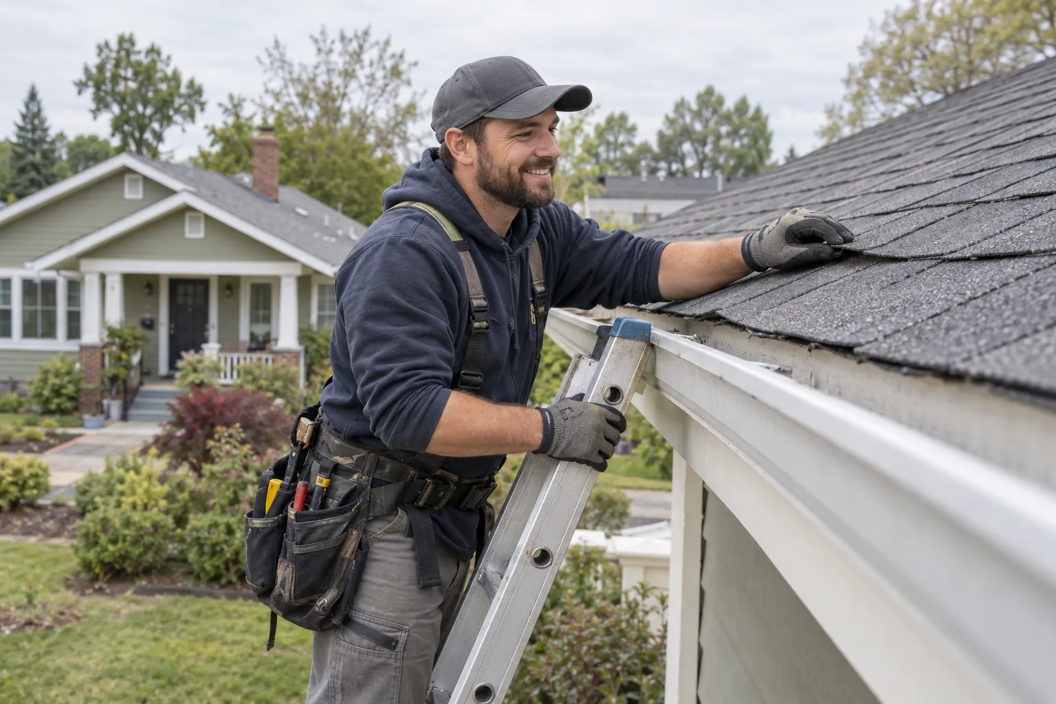 Roofing provider inspecting shingles on a home in the Freeburg area