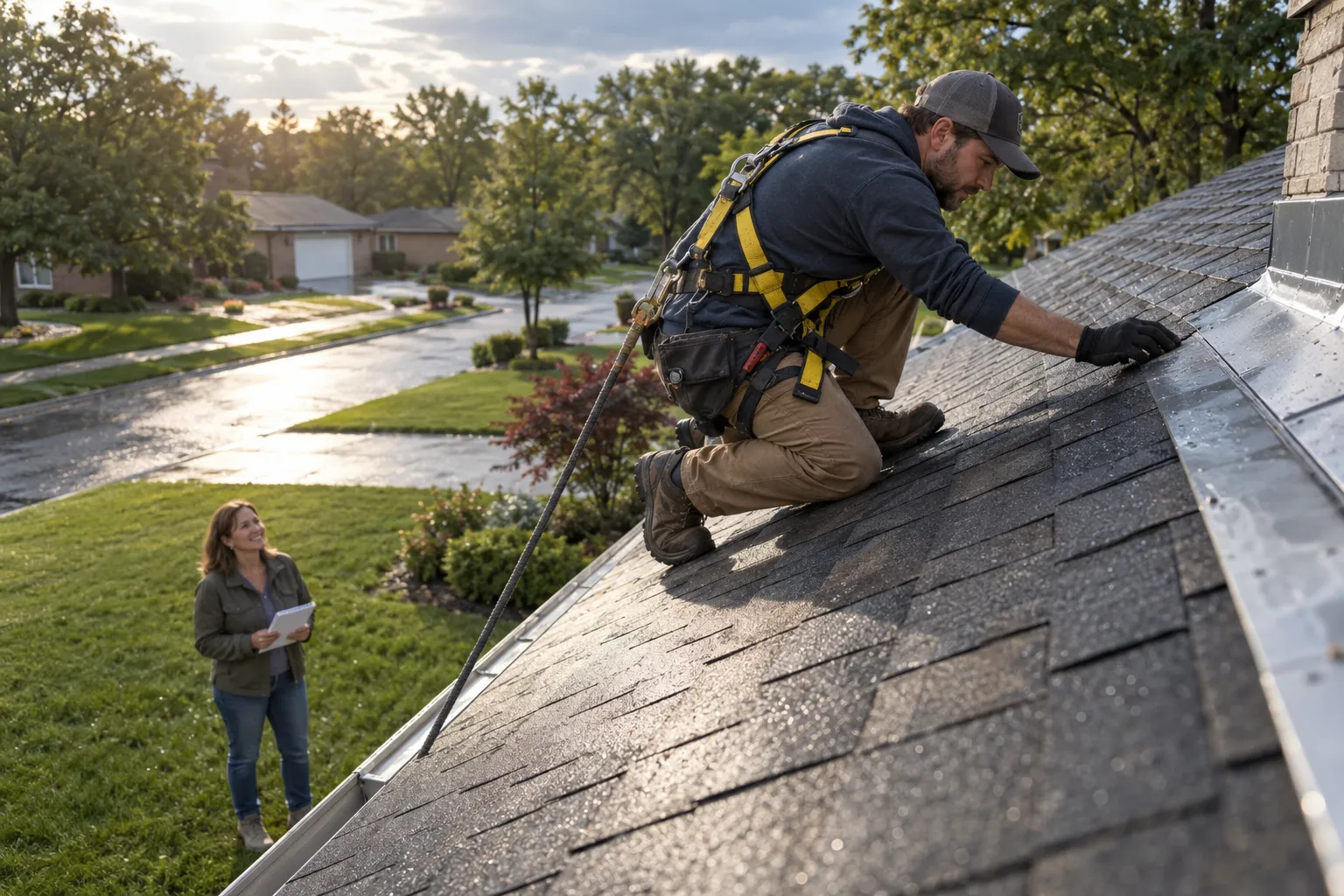 Friendly roofing provider inspecting shingles on a home near Freeburg while a homeowner looks on