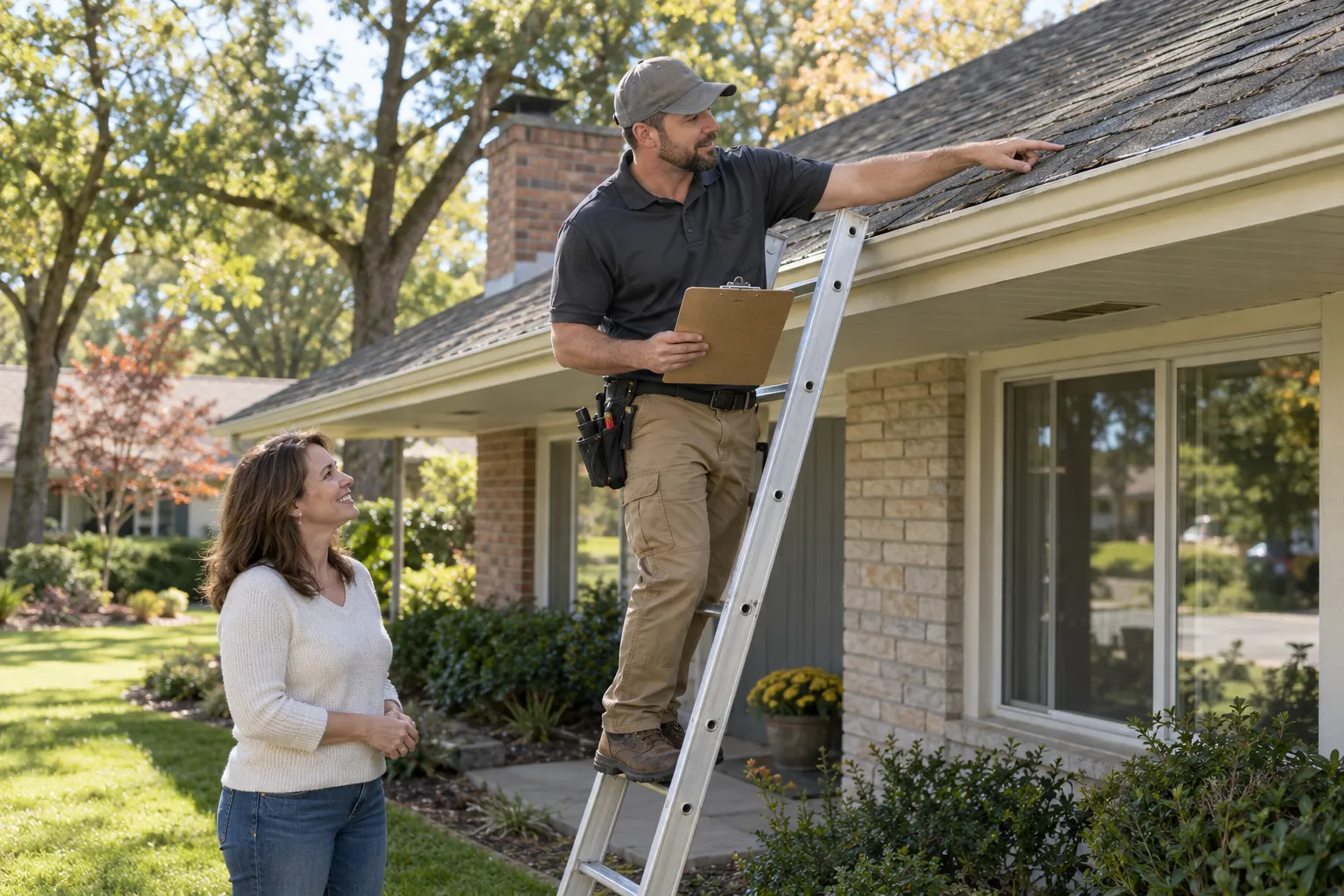 Independent roofing provider and a smiling homeowner reviewing a new roof in Freeburg